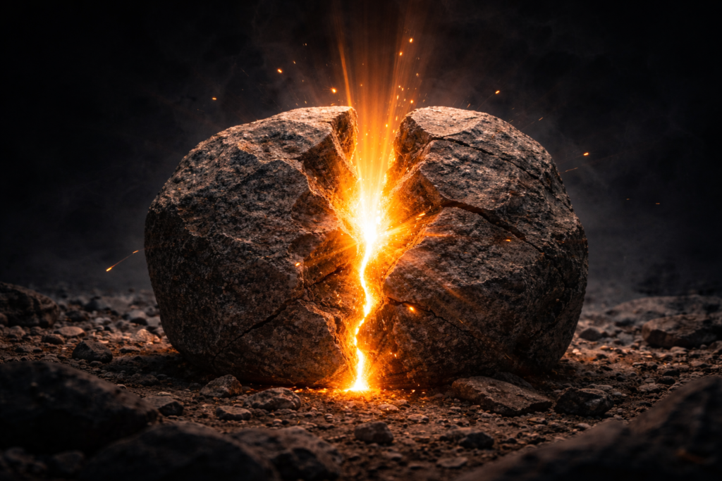 Stone cracked with light coming out